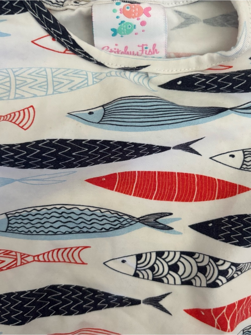 Stitchy Fish Sleeveless Baby Romper with Red, Navy & Light Blue Fish Print 18M - Picture 2 of 5